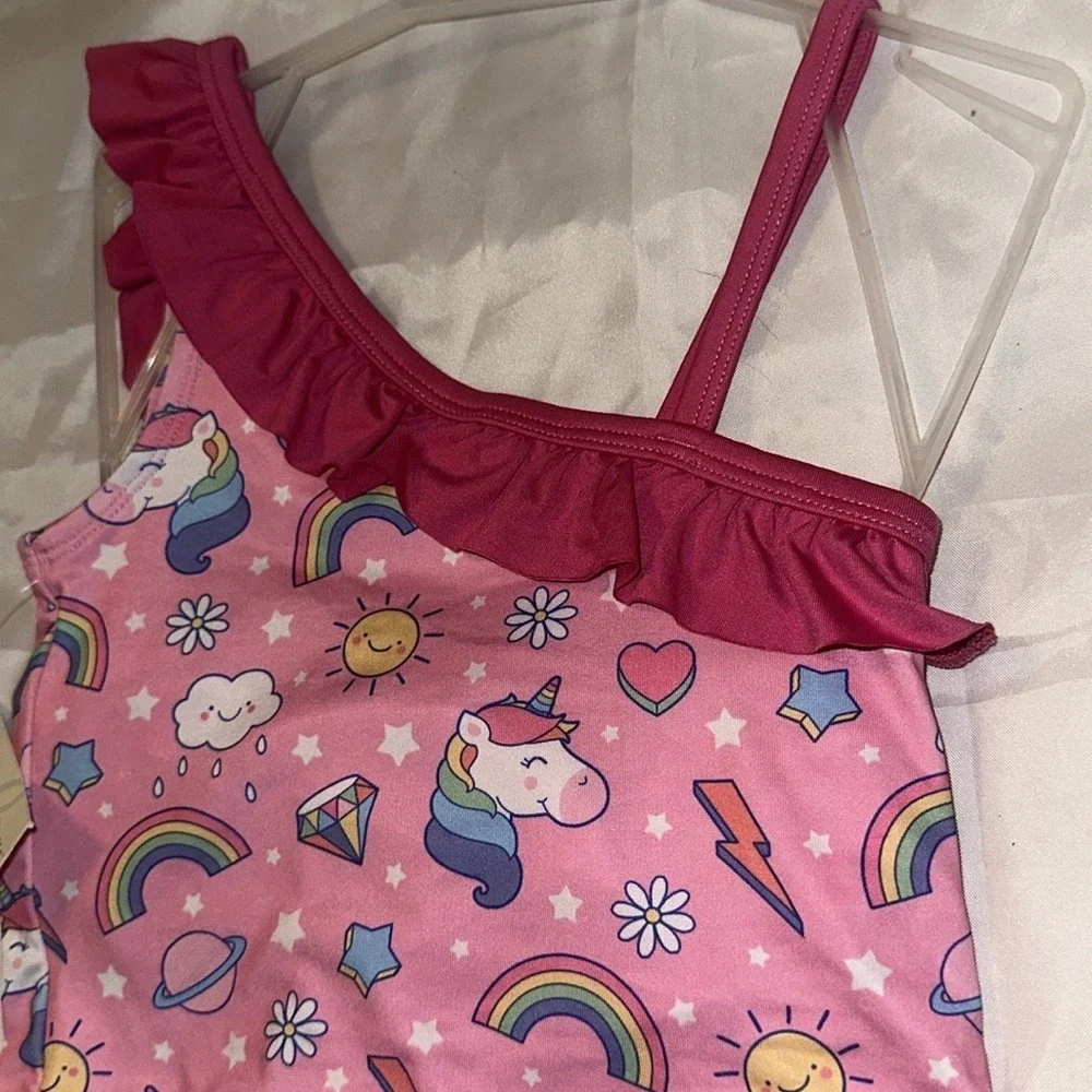 Bobbie Brooks Girls Unicorn Rainbow Ruffle One Shoulder Tankini Swimsuit XS 4/5